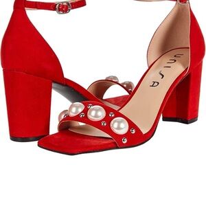 Unisa Red Block Heel with Pearl Embellishments